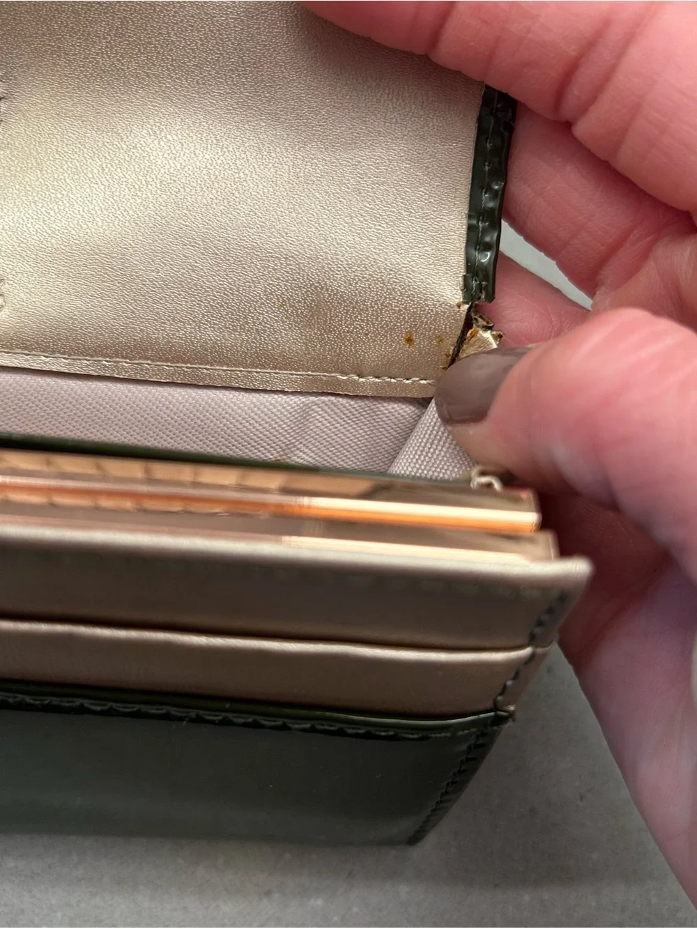 Ted Baker Olive Green Patent Clutch with crystal and pearl kiss lock